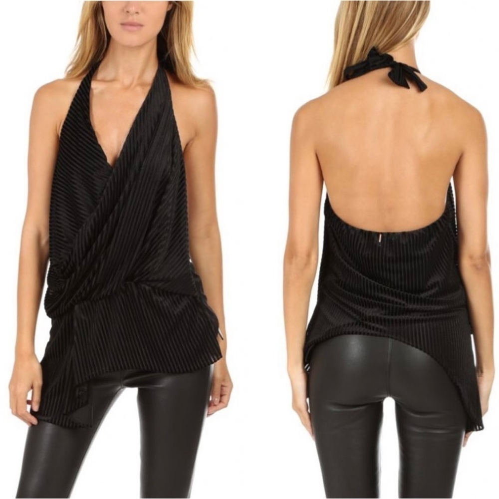 Misa Los Angeles Black Leticia Velvet Stripe Halter Top Drape